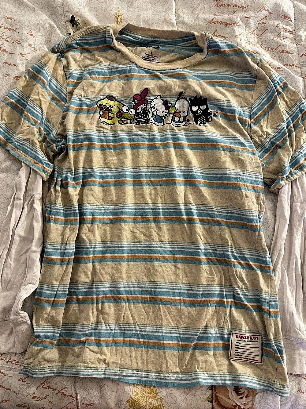 Hello Kitty Kawaii Mart Fresh Food Striped Graphic Tee in Blue & Beige Size